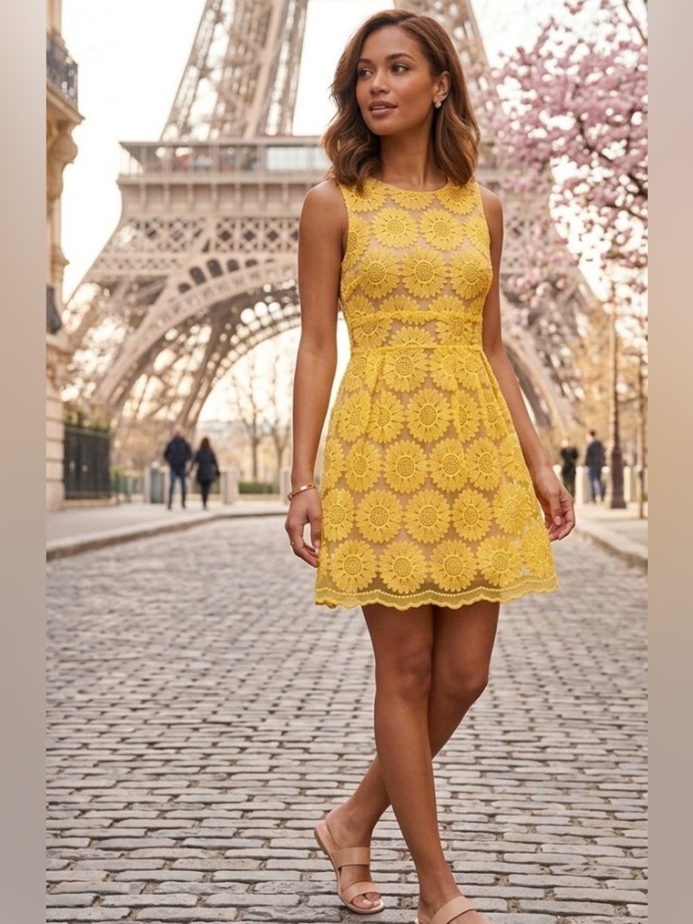 Ruby Rox Yellow Sleeveless Sunflower Embroidery Lace Organza Dress sz3 EUC